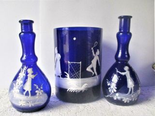 Antique Mary Gregory Victorian Cobalt Blue Painted Glass Barber Bottles & Vase