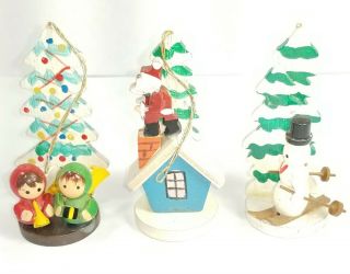 Set Of 3 Vintage Wooden Hand - Painted Christmas Tree Ornaments Stamped Japan