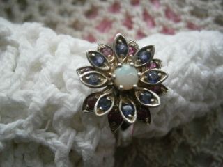 Vintage Sterling Silver Opal,  Tanzanite And Tourmaline Ring Size R