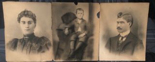 3 Antique Victorian 1800’s Charcoal Portraits Drawings 16x20 Man Woman Boy Art