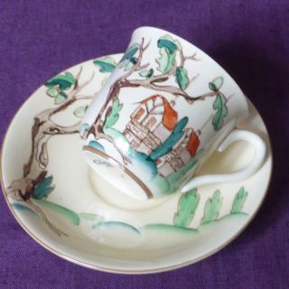 Vintage,  Art Deco,  Clarice Cliff,  Tall Trees And Cottage,  Coffee Cup And Saucer