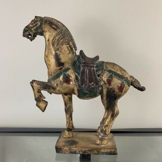 Antique Chinese Tang Style Horse Statue Figurine Gold Gilt Wood Carved 15 " High