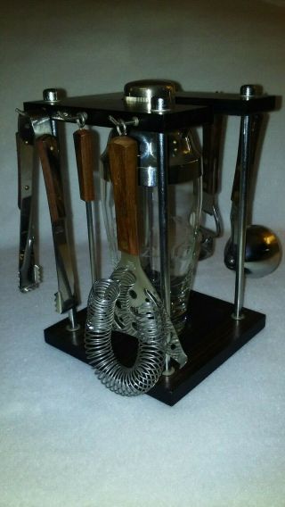 Vintage Bar Set With Cocktail Shaker And Stainless Steel Utensils