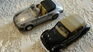 2 Vintage Mc Toy Cars Porsche 911 Convertible & Vw Cabriolet 1/26