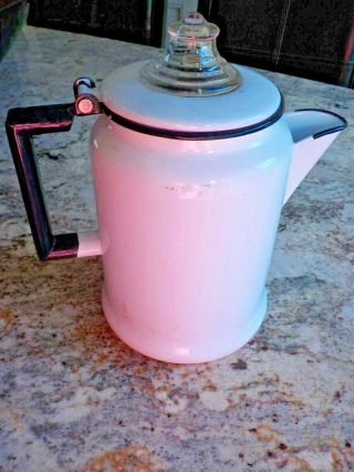 Vintage Enamelware Coffee Pot Percolator White Black Trim Glass Top