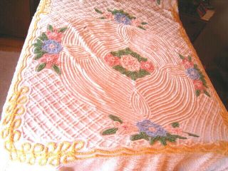 Vintage Full Size White Floral Cotton Chenille Bedspread Cottage Charm As Found