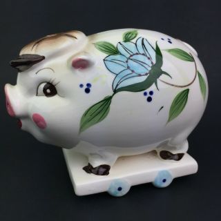 Vintage Enesco Japan Pig Piggy Bank Floral Hand Painted Hat 4 " X 6 "