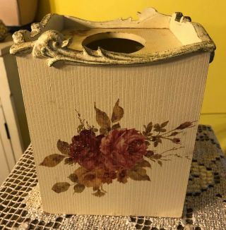Vintage Wood Square Tissue Box Cover Shabby Chic Rose Flowers Gold Serenity