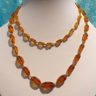 Vintage Art Deco Czech Pressed Amber Glass Bead Long Flapper Necklace