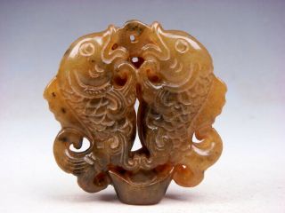 Old Nephrite Jade Carved Pendant Sculpture 2 Koi Carp Fishes Ingot 05061902