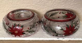 2 Vintage Yankee Candle Round Poinsettia Crackle Glass Tea Light Holder