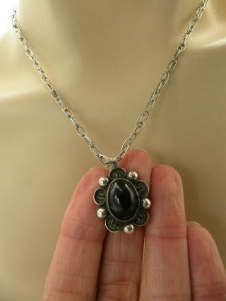 Vintage Sterling Silver 925 Mexico Black Stone Cabochon Necklace 16 " Chain