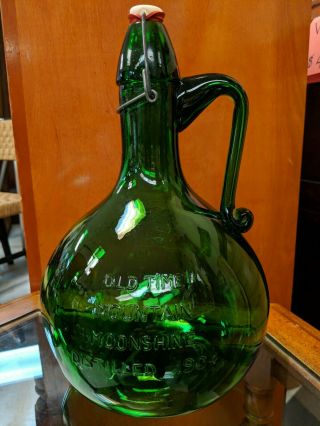 Vintage 1969 Old Time Mountain Moonshine Distilled 1904 Green Jug Bottle Glass