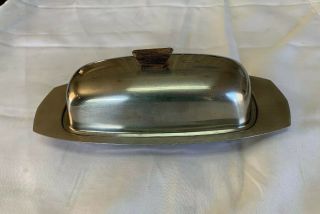 Vintage Covered Butter Dish Leaf Pattern Stainless Steel Decor