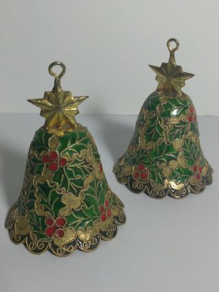 Vintage Cloisonne Enamel Holly Berries Christmas Bell Ornament