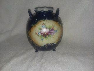 Vintage Nippon Hand Painted Cobalt Blue And Floral Footed Urn Vase With Handles