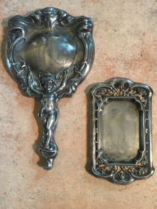 Vintage Silver Ornate Cupid 10 " Hand Held Mirror And 6 " Hair Pin Tray