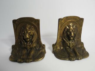 Vintage Antique Lion Bookends Cast Iron Brass Finish F52