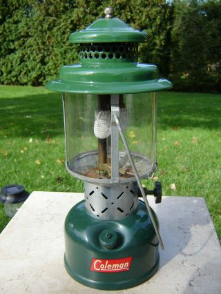 Vintage Coleman Lantern 220e 2/58 W/ Green Risng Sun Globe
