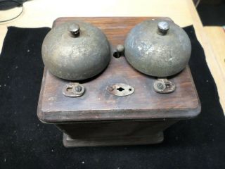Vintage Wood Oak Telephone Ringer Box / Bells