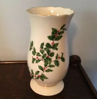 Vintage Lenox Holiday Footed Vase Holly Berry Gold Trim 8 " Christmas Decor Usa