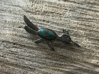 Vintage Navajo Sterling Silver Turquoise Signed Road Runner Pin