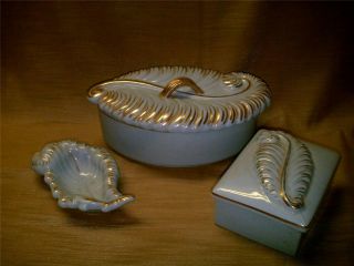 Vintage Pottery 3 Pc Vanity - Smoking - Dresser Set - Light Blue - Dish W/ Feather Lid