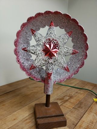 Vintage Lighted Jewel Brite Silver & Red Star Xmas Tree Topper Glittered Halo