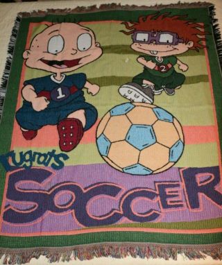 Rugrats Vintage 90s Blanket Nickelodeon Soccer Tapestry Throw Fringed