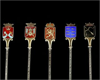 Set of 6 Vintage c 1950 ' s Silver & Enamel Crest Bar Spoons - Finland 813H - 6.  5 