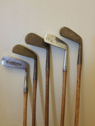 5 Antique Vintage Hickory Wood Shaft Golf Clubs Right Handed Putter And 4 Irons