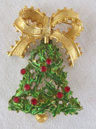 C7 Vintage Signed Mylu Christmas Holly Berry Bell Bow Brooch Pin