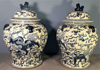 Vintage Chinese Blue And White Vases With Lids,  Foo Dog Finials
