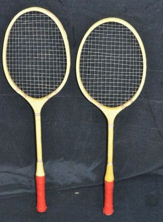 Wooden Badminton Racquet Set Pair Made In Germany Red Wall Decor Vintage Racket