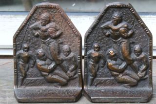 Pair Antique Football Tackle Bookends Bronzed Cast Iron Patina Book Ends,  N