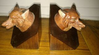 Vintage Antique Unique Pottery Ceramic Fox Heads On Wood Stand Bookends