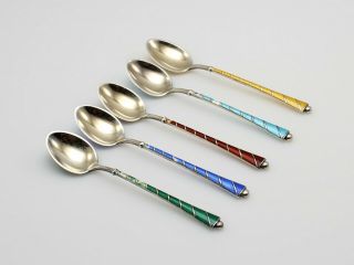Vintage Egon Lauridsen Sterling Silver Demitasse Spoons Enamel Handle - Set Of 5