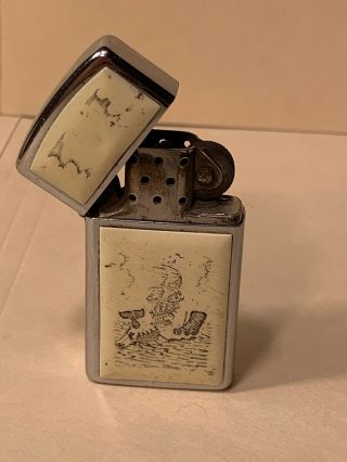 1989 Zippo Lighter Enamel Chrome Faux Scrimshaw Moby Dick Whaling Ship Hunting