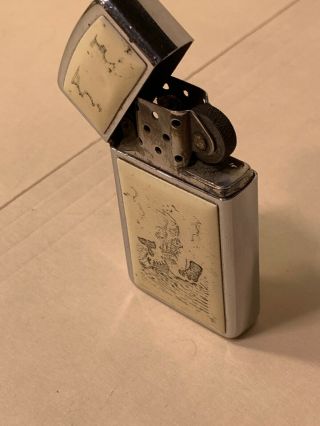 1989 ZIPPO LIGHTER ENAMEL CHROME FAUX SCRIMSHAW MOBY DICK WHALING SHIP HUNTING 2