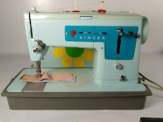 Vintage 1960s Singer Model 347 Sewing Machine Turquoise Blue W/ Case Made In Uk
