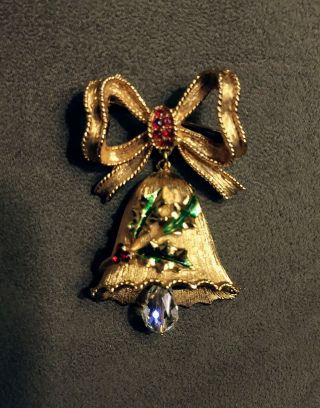 Vtg Christmas Brooch Pin Bell Bow Mylu Signed Swarovski Crystal
