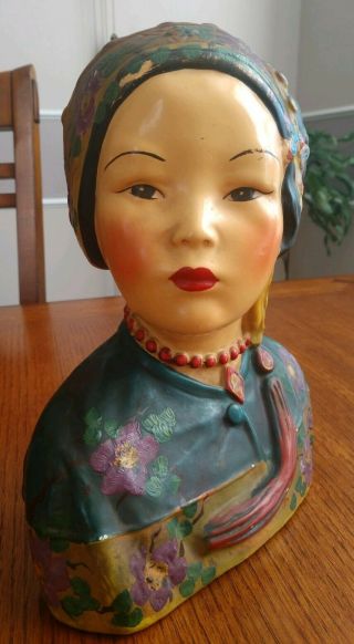 Antique 1923 Joe Celona Chalkware Chinese Bust Figure Sculpture Signed