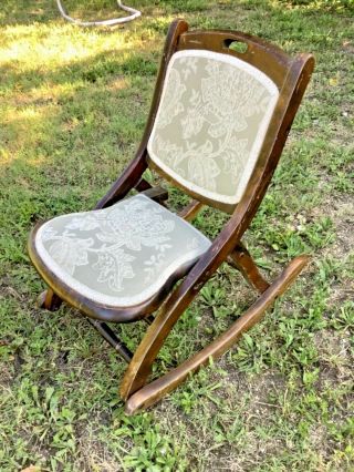 Antique Vintage Wooden Folding Rocking Sewing Chair Floral Pattern
