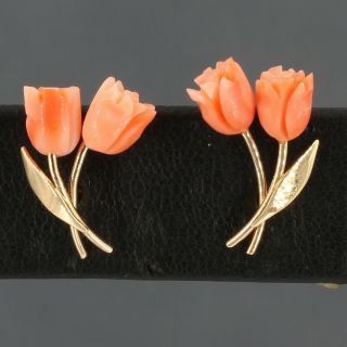 Dainty Vintage Solid 14k Yellow Gold Carved Coral Tulip Earrings 3/8 " X 5/8 "