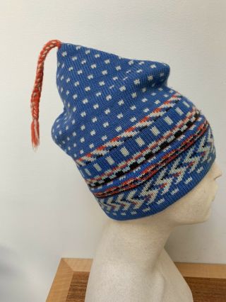 Vintage Stowe Woolens Vermont Vt Blue Nordic Wool Ski Hat Tassel Toque Beanie
