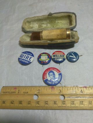 Vintage Tabacco Pipe With Case And 5 Vintage Pins.  Political