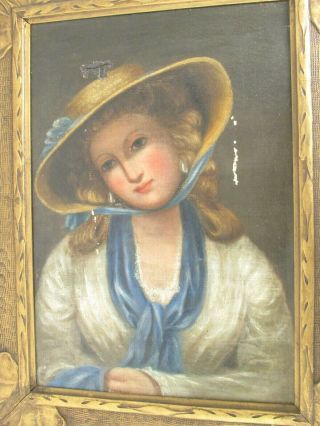 Antique 19th C.  Oil Paintig.  Young Woman Wearing A Straw Hat Frame