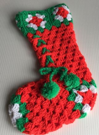 Vintage Hand - Made Crochet Christmas Stocking Lace Up Bootie Tassel Yarn Red