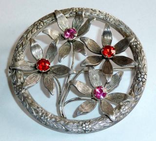 A Vintage 1960s Sterling Silver Flower Brooch Set With Red & Pink Diamantes