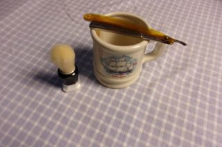 Vintage Old Spice Shaving Mug Straight Razor And Brush